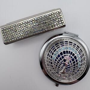 Silver-Tone Decorative Peacock Design Pocket Mirror and Rhinestone Lipstick Case